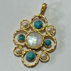 Kiam Family Pendant Enhancer Open Bail Pearl & Faux Turquoise Beachy Roman
